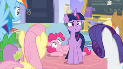 Size: 1366x770 | Tagged: safe, screencap, fluttershy, pinkie pie, rainbow dash, rarity, spike, twilight sparkle, alicorn, pony, g4, the ending of the end, book, carpet, chalk, chalkboard, door, lying down, roll, rug, twilight sparkle (alicorn), worried