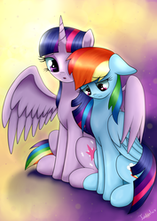 Size: 2480x3507 | Tagged: safe, artist:twidasher, rainbow dash, twilight sparkle, alicorn, pegasus, pony, g4, abstract background, concerned, duo, female, high res, hug, lesbian, looking down, mare, sad, ship:twidash, shipping, spread wings, twilight sparkle (alicorn), winghug, wings, worried