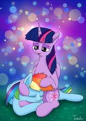 Size: 2480x3507 | Tagged: safe, artist:twidasher, rainbow dash, twilight sparkle, alicorn, pegasus, pony, g4, abstract background, duo, female, head pat, high res, lesbian, looking down, lying on top of someone, mare, pat, ship:twidash, shipping, sitting, sleeping, smiling, tired, twilight sparkle (alicorn)