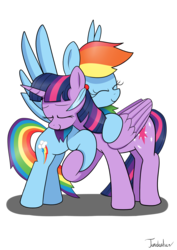 Size: 2480x3507 | Tagged: safe, artist:twidasher, rainbow dash, twilight sparkle, alicorn, pegasus, pony, g4, blue feather, duo, eyes closed, feather, female, high res, holding hooves, hug, lesbian, mare, ship:twidash, shipping, simple background, smiling, transparent background, twilight sparkle (alicorn)