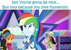 Size: 1920x1342 | Tagged: safe, edit, edited screencap, editor:leonidus, screencap, chestnut magnifico, daring do, rainbow dash, equestria girls, equestria girls specials, g4, my little pony equestria girls: better together, my little pony equestria girls: holidays unwrapped, cardboard cutout, clenched fist, dialogue, female, implied flutterdash, implied fluttershy, implied lesbian, implied shipping, looking up, shipping fuel, speech bubble, store, text