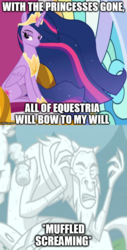Size: 500x982 | Tagged: safe, edit, edited screencap, screencap, cozy glow, lord tirek, queen chrysalis, twilight sparkle, alicorn, centaur, changeling, changeling queen, pony, g4, the ending of the end, the last problem, caption, cropped, crown, ethereal mane, everyone steals tirek's meme, female, filly, folded wings, former queen chrysalis, image macro, implied tyrant sparkle, jewelry, legion of doom statue, male, mare, meme, nose piercing, nose ring, offscreen character, older, older twilight, older twilight sparkle (alicorn), petrification, piercing, princess twilight 2.0, regalia, septum piercing, statue, text, text edit, twilight sparkle (alicorn), wings