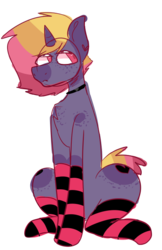 Size: 454x700 | Tagged: safe, artist:rad33, oc, oc:meatbeat mania, pony, unicorn, clothes, cute, ear piercing, earring, freckles, jewelry, male, necklace, piercing, pink hair, short tail, socks, striped socks, yellow hair