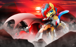 Size: 4000x2480 | Tagged: safe, artist:dormin-dim, oc, oc only, oc:starflame blood, pony, armor, commission, cutie mark, heterochromia, mouth hold, raised hoof, solo focus, sun, sword, war, weapon