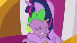 Size: 1920x1080 | Tagged: safe, screencap, spike, twilight sparkle, alicorn, dragon, pony, g4, the ending of the end, best friends, claws, crying, duo, eyes closed, female, folded wings, hug, male, mare, pencil, royal advisor, smiling, tears of joy, twilight sparkle (alicorn), winged spike, wings