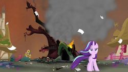Size: 887x501 | Tagged: safe, edit, edited screencap, screencap, starlight glimmer, pony, unicorn, g4, twilight's kingdom, badass, cool guys don't look at explosions, destroyed, destruction, female, fire, golden oaks library, library, ruins, solo, starlight glimmer in places she shouldn't be, walking away, windswept mane