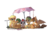 Size: 2500x1700 | Tagged: safe, artist:freeedon, oc, oc only, oc:adeptus monitus, oc:lightly breeze, oc:lunette, oc:salem, bat pony, pony, bat pony oc, food, kite, picnic, picnic blanket, scooter, simple background, sticker, tea, transparent background, umbrella, watermelon