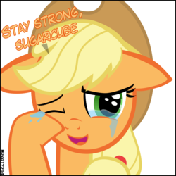 Size: 4000x4000 | Tagged: safe, artist:mrkat7214, applejack, earth pony, pony, absurd resolution, applebetes, crying, cute, daaaaaaaaaaaw, dialogue, end of ponies, feels, female, floppy ears, happy, jackabetes, looking at you, mare, open mouth, puppy dog eyes, sad smile, sadjack, sadorable, simple background, smiling, smiling at you, solo, sugarcube, sweet dreams fuel, talking to viewer, tears of joy, teary eyes, white background, wiping tears