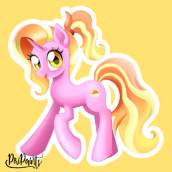 Size: 900x900 | Tagged: safe, artist:piripaints, luster dawn, pony, unicorn, g4, the last problem, female, happy, laughing, looking at you, lusterbetes, mare, open mouth, signature, simple background, solo, two toned hair, yellow background