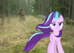 Size: 1004x719 | Tagged: safe, edit, starlight glimmer, pony, unicorn, g4, the ending of the end, bullet, equestria daily featured, forest, irl, magic, photo, sniper, solo, starlight glimmer in places she shouldn't be