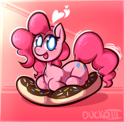 Size: 887x876 | Tagged: dead source, safe, artist:duckoiii, pinkie pie, earth pony, pony, g4, chest fluff, cute, diapinkes, donut, female, food, heart, heart eyes, mare, ponyloaf, prone, sitting, solo, tongue out, white pupils, wingding eyes