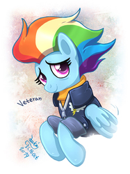 Size: 897x1200 | Tagged: safe, artist:joakaha, rainbow dash, pegasus, pony, g4, the last problem, clothes, female, jacket, looking at you, mare, older, older rainbow dash, signature, smiling, solo