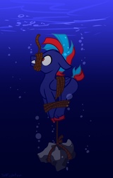 Size: 691x1080 | Tagged: safe, oc, oc only, oc:hellfire, pegasus, pony, air bubble, asphyxiation, blue fur, bondage, bound, bound wings, bubble, colt, drowning, foal, gag, helpless, imminent death, male, red eyes, rock, rope, rope bondage, rope gag, tied up, underwater, unsexy bondage, water, wings