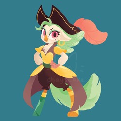 Size: 1920x1920 | Tagged: safe, artist:cilveon, captain celaeno, bird, parrot, anthro, g4, my little pony: the movie, amputee, beauty mark, celaenobetes, cute, ear piercing, earring, female, hand on hip, hat, jewelry, lineless, looking at you, piercing, pirate, pirate hat, prosthetic leg, prosthetic limb, prosthetics, simple background, solo, teal background