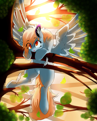 Size: 3200x4000 | Tagged: safe, artist:asimplerarity, derpy hooves, pegasus, pony, g4, backlighting, crepuscular rays, cute, derpabetes, ear fluff, eye clipping through hair, feather, female, hang in there, hanging, hanging on, high res, mare, open mouth, solo, spread wings, sunlight, tree, tree branch, wings
