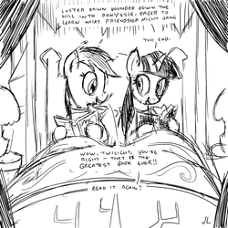 Size: 2200x2200 | Tagged: safe, artist:docwario, rainbow dash, twilight sparkle, pegasus, pony, g4, the last problem, bed, bedside stand, book, clothes, dashtober, female, high res, implied luster dawn, lamp, lesbian, mare, monochrome, pajamas, reading, ship:twidash, shipping, sketch