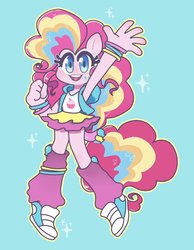 Size: 933x1200 | Tagged: safe, artist:dinky-ink, pinkie pie, anthro, alternative cutie mark placement, ambiguous facial structure, blue background, clothes, converse, cute, diapinkes, facial cutie mark, female, leg warmers, looking at you, miniskirt, moe, no nose, open mouth, rainbow power, shoes, simple background, skirt, sneakers, solo