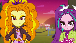 Size: 1920x1080 | Tagged: safe, screencap, adagio dazzle, aria blaze, pinkie pie, puffed pastry, equestria girls, equestria girls specials, g4, my little pony equestria girls: better together, my little pony equestria girls: sunset's backstage pass, adagio dazzle is not amused, angry, annoyed, ascot, crossed arms, duo focus, female, hand on hip, looking at you, pigtails, puffed pastry's churro stand, raised eyebrow, resting bitch face, spiked wristband, twintails, unamused, wristband