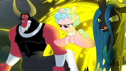 Size: 1362x768 | Tagged: safe, edit, edited screencap, screencap, cozy glow, lord tirek, queen chrysalis, alicorn, pony, g4, the ending of the end, alicornified, bracer, cozycorn, evil, hungry, magic, nose piercing, nose ring, piercing, portal, race swap, septum piercing, sinister, tongue out