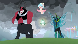 Size: 1366x768 | Tagged: safe, screencap, cozy glow, lord tirek, queen chrysalis, alicorn, pony, g4, the ending of the end, alicornified, bracer, cloud, cloudy, cozycorn, dark, dark clouds, fist, flying, grogar's bell, levitation, magic, nose piercing, nose ring, outdoors, palming fist, piercing, race swap, ready to fight, septum piercing, telekinesis