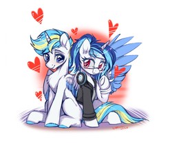 Size: 1440x1220 | Tagged: safe, artist:wkirin, oc, oc only, oc:繁星烁烁, alicorn, pegasus, pony, unicorn, clothes, duo, female, glasses, headphones, heart, heart eyes, looking at each other, male, mare, stallion, wingding eyes
