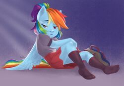 Size: 1600x1114 | Tagged: safe, artist:hollybright, rainbow dash, pegasus, anthro, plantigrade anthro, g4, backpack, blouse, clothes, cute, feet, female, human facial structure, mare, miniskirt, ponytail, signature, simple background, sitting, skirt, skirt lift, socks, solo, thighs, tired