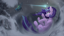 Size: 4000x2250 | Tagged: safe, artist:blackligerth, queen chrysalis, starlight glimmer, changeling, changeling queen, pony, unicorn, g4, the ending of the end, digital art, falling, female, fight, flying, glowing horn, high res, horn, insect wings, magic, magic aura, mare, scene interpretation, snow, spread wings, starlight vs chrysalis, wings