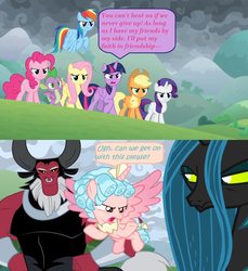 Size: 1362x1488 | Tagged: safe, edit, edited screencap, screencap, applejack, cozy glow, fluttershy, lord tirek, pinkie pie, queen chrysalis, rainbow dash, rarity, spike, twilight sparkle, alicorn, centaur, dragon, earth pony, pony, g4, the ending of the end, alicornified, angry, bracer, comic, cozycorn, determined, dialogue, flying, frustrated, impatient, mane six, nose piercing, nose ring, piercing, race swap, screencap comic, septum piercing, speech bubble, tired, twilight sparkle (alicorn), upset