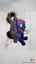 Size: 1800x3200 | Tagged: safe, artist:parclytaxel, oc, oc only, oc:bitmaker, oc:gearshift, bat pony, pegasus, pony, bed, biting, ear bite, fangs, glasses, hug, lineart, male, monochrome, on side, patreon, patreon logo, pencil drawing, stallion, traditional art, vector, wip