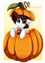 Size: 1758x2444 | Tagged: safe, artist:pridark, oc, oc only, oc:graph travel, pegasus, pony, :3, blushing, clothes, cute, female, freckles, halloween, holiday, mare, mouth hold, ocbetes, patreon, patreon reward, pumpkin, solo, vest
