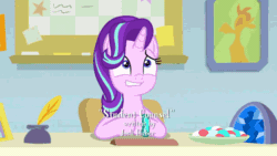 Size: 600x338 | Tagged: safe, screencap, silverstream, starlight glimmer, g4, student counsel, animated, aside glance, awkward, book, bookshelf, candy, couch, female, floppy ears, food, geode, globe, inkwell, nervous, quill, starlight's office