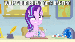 Size: 460x259 | Tagged: safe, edit, edited screencap, screencap, silverstream, starlight glimmer, g4, student counsel, animated, aside glance, awkward, book, bookshelf, candy, couch, female, floppy ears, food, geode, globe, inkwell, nervous, quill, starlight's office