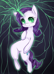 Size: 2099x2857 | Tagged: safe, artist:misukitty, rarity, pony, unicorn, g4, inspiration manifestation, bipedal, female, glowing horn, green eyes, high res, horn, inspirarity, possessed, solo