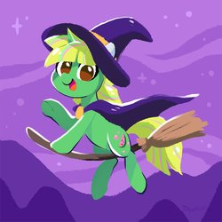Size: 1500x1500 | Tagged: safe, artist:dawnfire, oc, oc only, pony, unicorn, broom, cape, clothes, flying, flying broomstick, hat, solo, witch hat