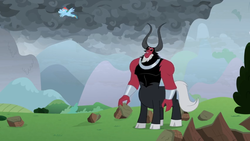 Size: 1366x768 | Tagged: safe, screencap, lord tirek, rainbow dash, centaur, pegasus, pony, g4, the ending of the end, bush, cloud, cloudy, cloven hooves, dark, dark clouds, female, flying, looking up, male, mare, mountain, nose piercing, nose ring, piercing, septum piercing, solo focus