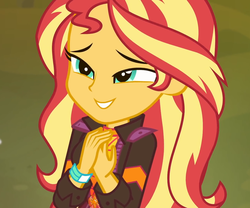 Size: 1295x1080 | Tagged: safe, screencap, sunset shimmer, equestria girls, equestria girls series, g4, sunset's backstage pass!, spoiler:eqg series (season 2), clasped hands, clothes, cropped, cute, female, geode of empathy, jacket, magical geodes, music festival outfit, shimmerbetes, smiling, solo