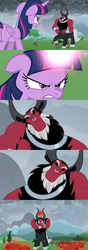 Size: 1358x3842 | Tagged: safe, edit, edited screencap, screencap, lord tirek, twilight sparkle, alicorn, centaur, pony, g4, the ending of the end, angry, aura, boulder, bracer, cloud, cloudy, cloven hooves, comic, cracking joints, dark, dark clouds, levitation, magic, male, nose piercing, nose ring, orb, piercing, ready to fight, screencap comic, septum piercing, telekinesis, tree, twilight sparkle (alicorn), twilight vs tirek