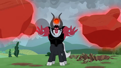 Size: 1366x766 | Tagged: safe, screencap, lord tirek, centaur, g4, the ending of the end, boulder, bracer, cloud, cloudy, cloven hooves, crater, dark cloud, levitation, magic, male, nose piercing, nose ring, piercing, septum piercing, solo, telekinesis, tree