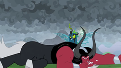 Size: 1366x768 | Tagged: safe, screencap, lord tirek, queen chrysalis, centaur, changeling, changeling queen, g4, the ending of the end, angry, bell, bracer, chipped tooth, cloud, cloudy, cloven hooves, colored hooves, dark clouds, grogar's bell, injured, knock out, male, nose piercing, nose ring, piercing, septum piercing, teeth, tooth