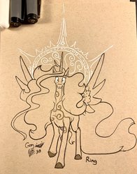 Size: 1603x2048 | Tagged: safe, artist:greyscaleart, princess celestia, alicorn, pony, g4, female, halo, inktober, looking at you, monochrome, signature, solo, spread wings, traditional art, wings