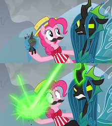 Size: 1360x1532 | Tagged: safe, screencap, pinkie pie, queen chrysalis, changeling, earth pony, pony, g4, season 9, the ending of the end, :<, angry, armor, beam, bipedal, blast, boater, bowtie, carny, chrysalis blasts things, clothes, colored sclera, comic, doll, fake moustache, fangs, female, final battle, former queen chrysalis, frown, frustrated, glare, glowing horn, gritted teeth, hat, hoof hold, horn, livid, magic, magic beam, magic blast, mare, meme origin, moustache, plushie, queen chrysalis is not amused, ragdoll, raised eyebrow, raised hoof, screencap comic, shrunken pupils, sin of wrath, smiling, surprised, toy, ultimate chrysalis, unamused, wide eyes, yikes