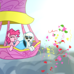 Size: 4096x4096 | Tagged: safe, artist:wenni, pinkie pie, oc, oc:white cloud, pony, g4, album cover, cloud, confetti, duo, female, hot air balloon, open mouth, party cannon, sky, smiling, starry eyes, sun, wingding eyes