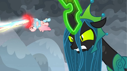 Size: 1368x768 | Tagged: safe, screencap, cozy glow, queen chrysalis, alicorn, changeling, pony, g4, the ending of the end, alicornified, angry, annoyed, aura, blast, cloud, cloudy, cozycorn, dark, dark clouds, flying, livid, magic, magic beam, magic blast, mountain, race swap, rage