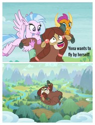 Size: 2522x3326 | Tagged: safe, edit, edited screencap, screencap, silverstream, smolder, yona, classical hippogriff, dragon, hippogriff, yak, g4, school daze, school raze, bad idea, be careful what you wish for, bow, cloven hooves, colored hooves, didn't think this through, dragoness, falling, female, flying, hair bow, high res, monkey swings, this will end in death, this will end in tears, this will end in tears and/or death, this will not end well, too dumb to live