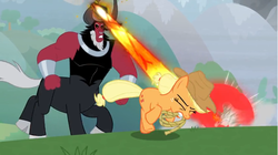 Size: 1368x768 | Tagged: safe, screencap, applejack, lord tirek, centaur, g4, the ending of the end, angry, blast, bracer, chase, cloven hooves, colored hooves, cowboy hat, eyes closed, galloping, hat, lasso, magic, magic beam, magic blast, male, mouth hold, nose piercing, nose ring, piercing, rope, septum piercing