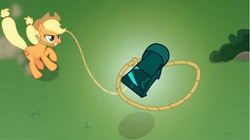 Size: 1368x768 | Tagged: safe, screencap, applejack, earth pony, pony, g4, the ending of the end, female, from above, grass, ground, lasso, levitation, magic, mare, rope, sliding, solo, telekinesis