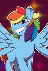 Size: 800x1172 | Tagged: safe, artist:snownebula, rainbow dash, pegasus, pony, g4, abstract background, blushing, female, grin, hair over one eye, mare, smiling, solo, spread wings, wings