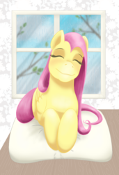 Size: 800x1172 | Tagged: safe, artist:snownebula, fluttershy, pegasus, pony, g4, calm, eyes closed, female, folded wings, head tilt, indoors, mare, pillow, prone, rain, smiling, solo, window, wings