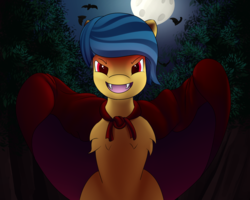 Size: 2500x2000 | Tagged: safe, artist:einboph, oc, oc:soft step, bat, pony, vampire, cape, clothes, halloween, high res, holiday, moon, night, tree