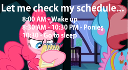 Size: 634x348 | Tagged: safe, edit, edited screencap, screencap, cup cake, pinkie pie, baby cakes, g4, 2012, notepad, ponibooru, pony time, schedule, text